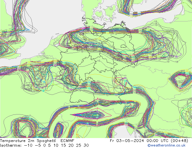 Temperatura 2m Spaghetti ECMWF ven 03.05.2024 00 UTC