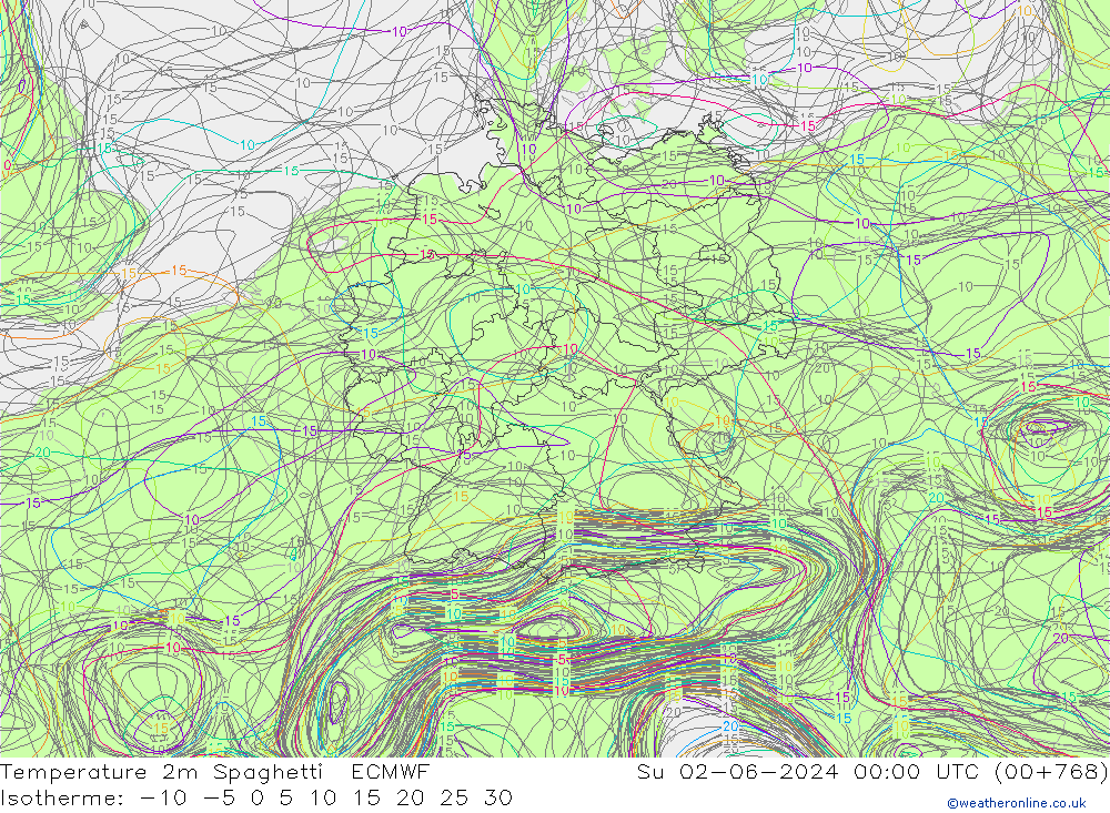 Temperatuurkaart Spaghetti ECMWF zo 02.06.2024 00 UTC