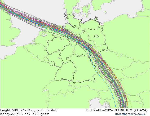 Height 500 hPa Spaghetti ECMWF 星期四 02.05.2024 00 UTC