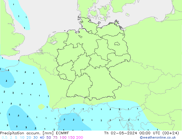 Precipitation accum. ECMWF 星期四 02.05.2024 00 UTC