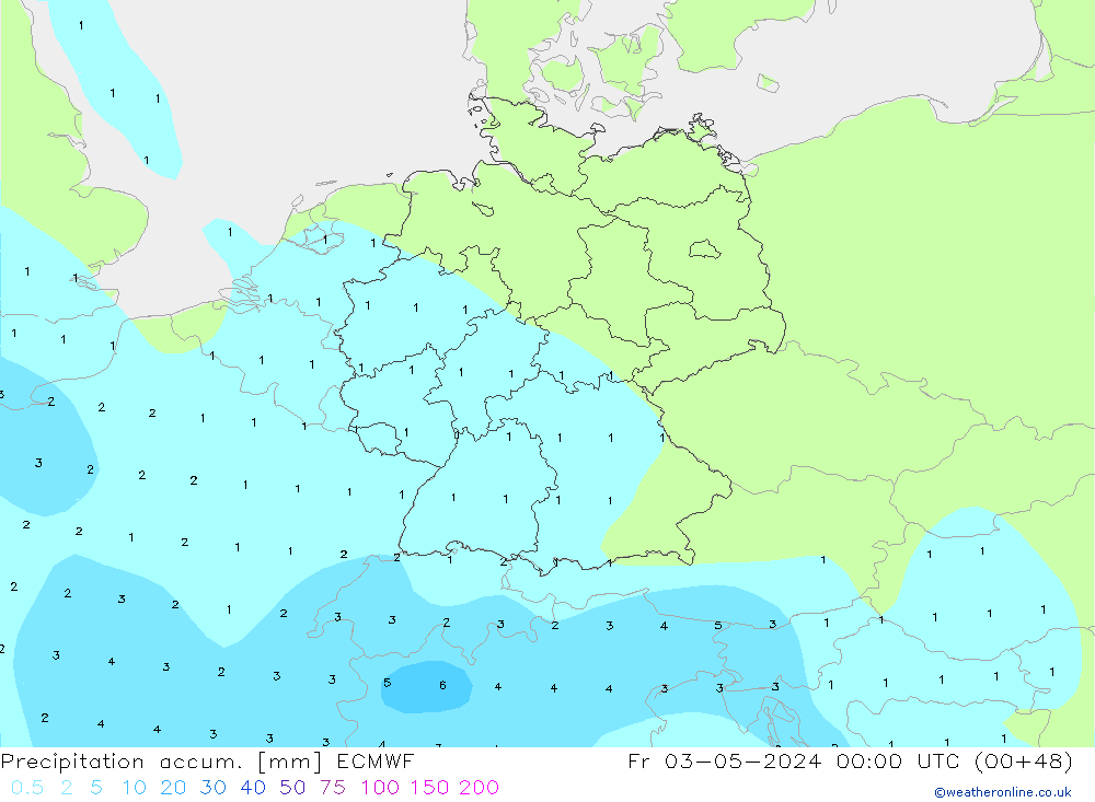 Precipitation accum. ECMWF 星期五 03.05.2024 00 UTC