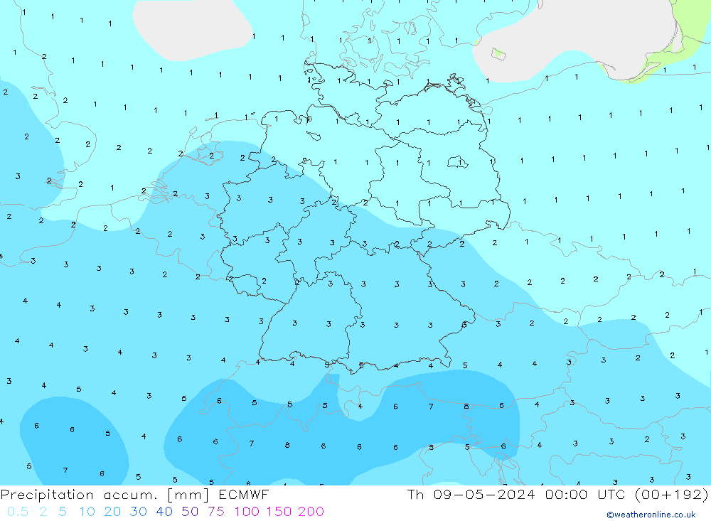 Precipitation accum. ECMWF gio 09.05.2024 00 UTC
