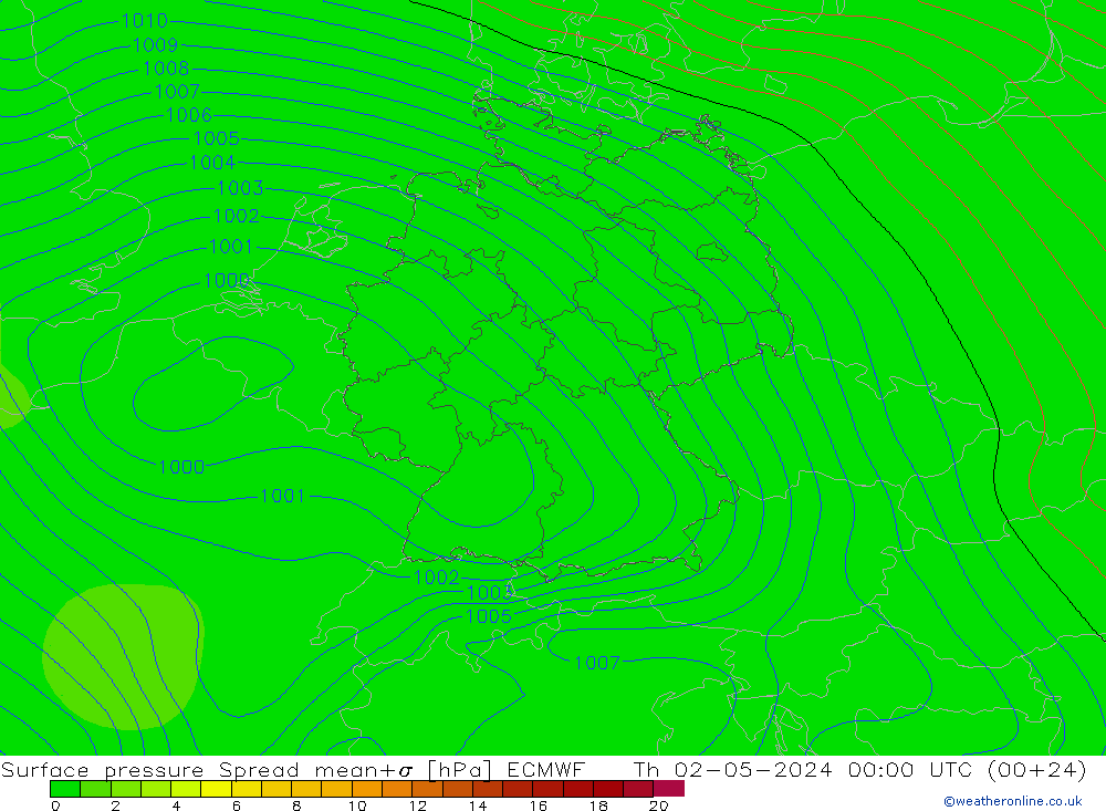 Pressione al suolo Spread ECMWF gio 02.05.2024 00 UTC