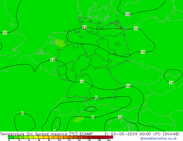mapa temperatury 2m Spread ECMWF pt. 03.05.2024 00 UTC