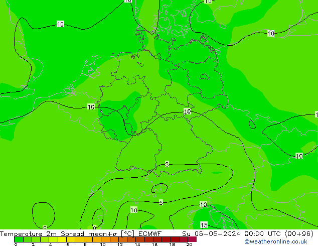 карта температуры Spread ECMWF Вс 05.05.2024 00 UTC