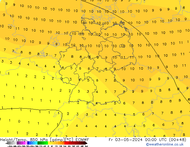 Géop./Temp. 850 hPa ECMWF ven 03.05.2024 00 UTC