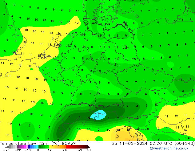 temperatura mín. (2m) ECMWF Sáb 11.05.2024 00 UTC