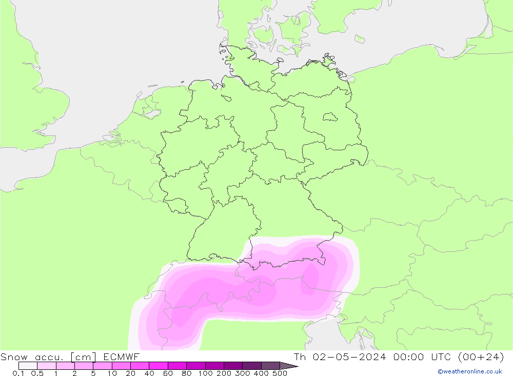 Snow accu. ECMWF Čt 02.05.2024 00 UTC