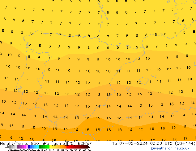 Hoogte/Temp. 850 hPa ECMWF di 07.05.2024 00 UTC