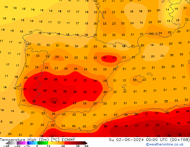 temperatura máx. (2m) ECMWF Dom 02.06.2024 00 UTC