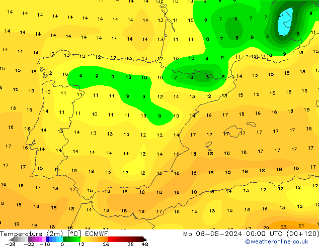 Temperatuurkaart (2m) ECMWF ma 06.05.2024 00 UTC