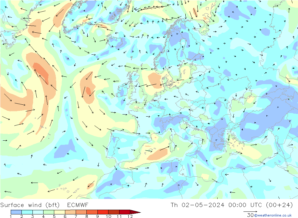Surface wind (bft) ECMWF Čt 02.05.2024 00 UTC
