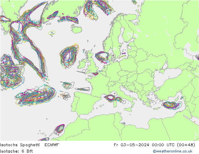 Isotachs Spaghetti ECMWF Pá 03.05.2024 00 UTC