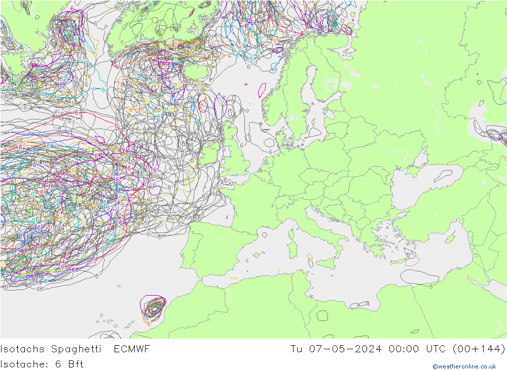 Isotachs Spaghetti ECMWF Út 07.05.2024 00 UTC