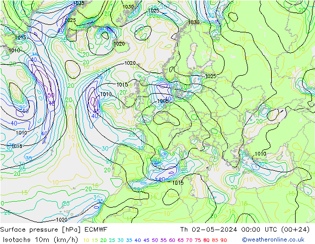 10米等风速线 (kph) ECMWF 星期四 02.05.2024 00 UTC