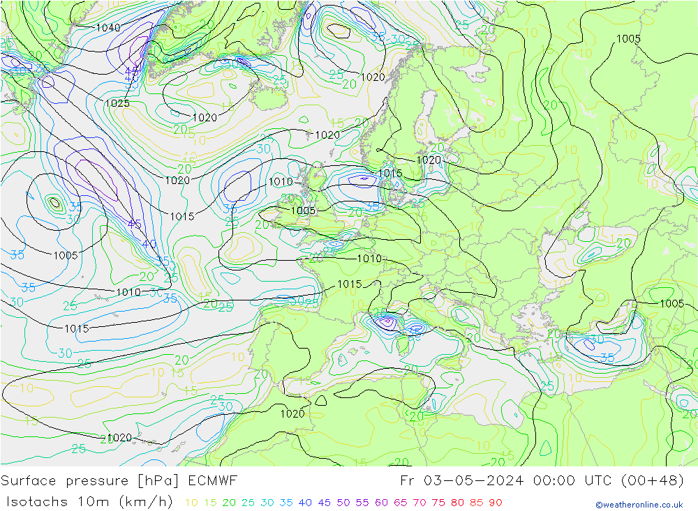 Isotachs (kph) ECMWF Pá 03.05.2024 00 UTC