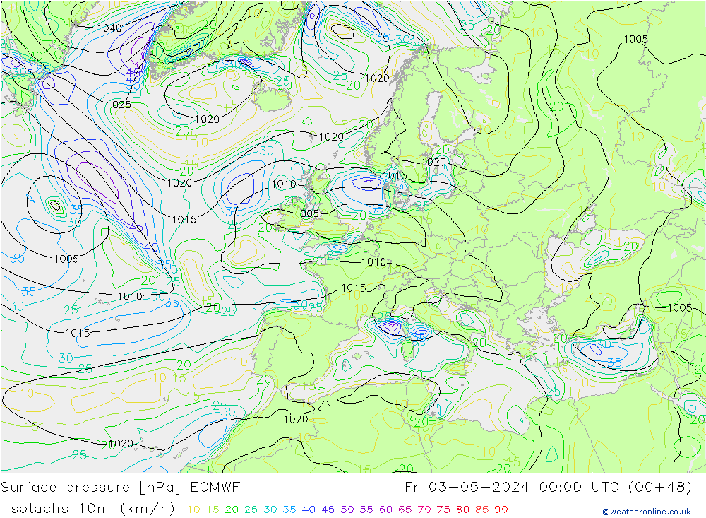 Isotachs (kph) ECMWF ven 03.05.2024 00 UTC