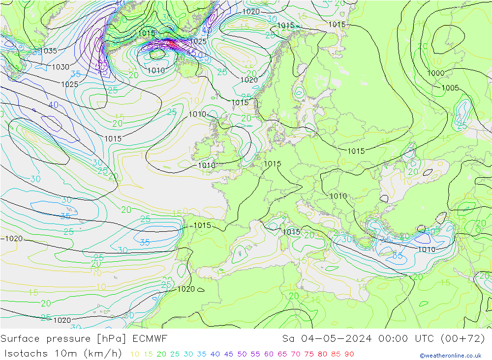 10米等风速线 (kph) ECMWF 星期六 04.05.2024 00 UTC