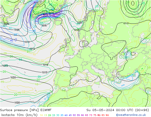 Isotachen (km/h) ECMWF So 05.05.2024 00 UTC