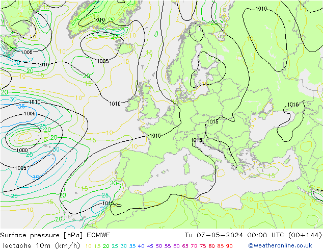 Isotachs (kph) ECMWF Út 07.05.2024 00 UTC