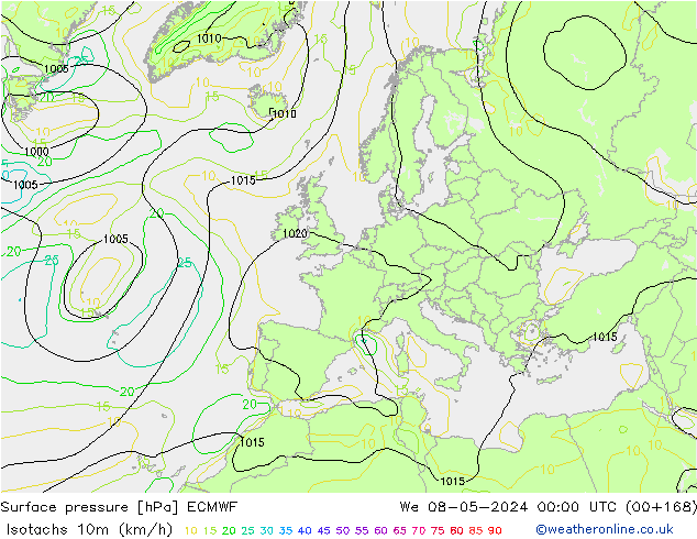 Isotaca (kph) ECMWF mié 08.05.2024 00 UTC