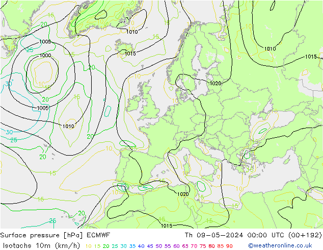 Isotachs (kph) ECMWF чт 09.05.2024 00 UTC