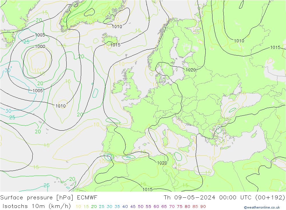 Isotachen (km/h) ECMWF Do 09.05.2024 00 UTC