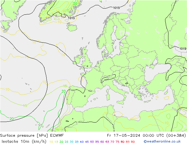 Izotacha (km/godz) ECMWF pt. 17.05.2024 00 UTC