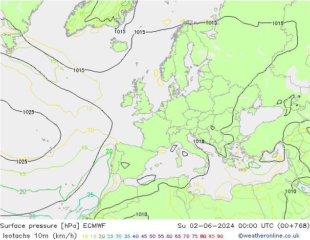 10米等风速线 (kph) ECMWF 星期日 02.06.2024 00 UTC