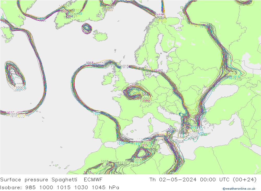pressão do solo Spaghetti ECMWF Qui 02.05.2024 00 UTC