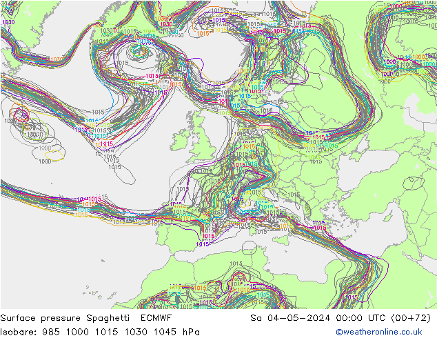 Pressione al suolo Spaghetti ECMWF sab 04.05.2024 00 UTC