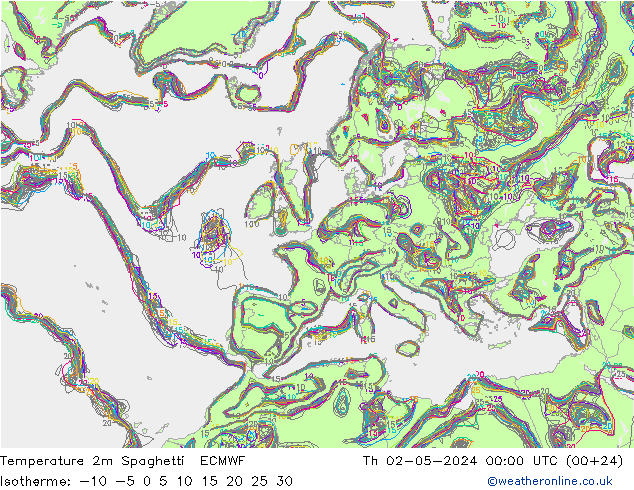 Temperatura 2m Spaghetti ECMWF Qui 02.05.2024 00 UTC