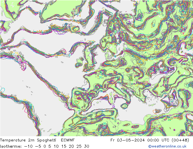 Temperatura 2m Spaghetti ECMWF ven 03.05.2024 00 UTC