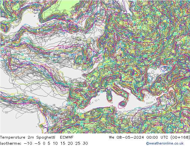 Temperatura 2m Spaghetti ECMWF mer 08.05.2024 00 UTC