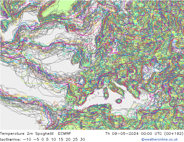 Temperatura 2m Spaghetti ECMWF jue 09.05.2024 00 UTC