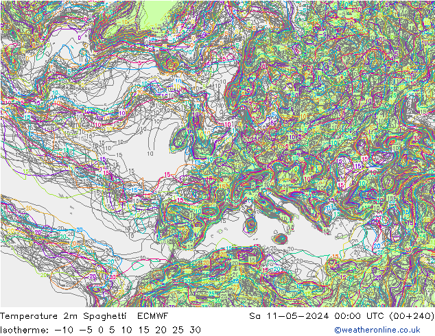 mapa temperatury 2m Spaghetti ECMWF so. 11.05.2024 00 UTC