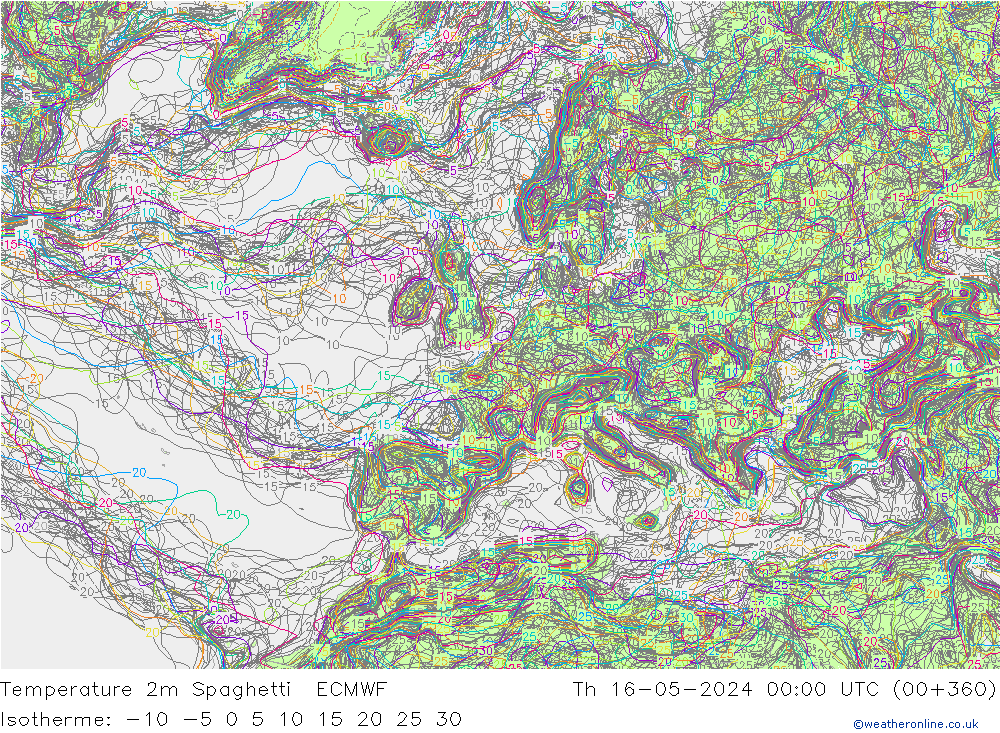 Temperatura 2m Spaghetti ECMWF jue 16.05.2024 00 UTC