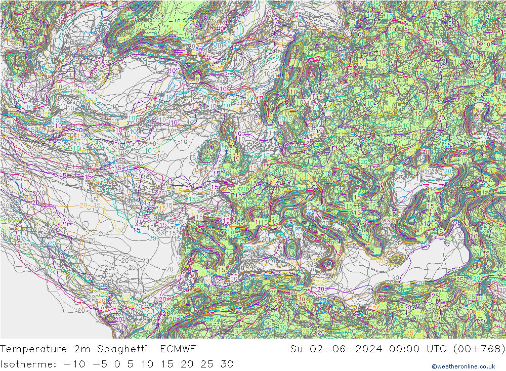 Temperatura 2m Spaghetti ECMWF dom 02.06.2024 00 UTC