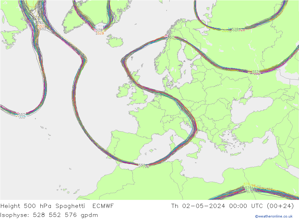 Height 500 hPa Spaghetti ECMWF Th 02.05.2024 00 UTC