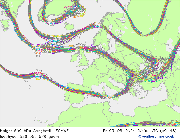 Geop. 500 hPa Spaghetti ECMWF vie 03.05.2024 00 UTC