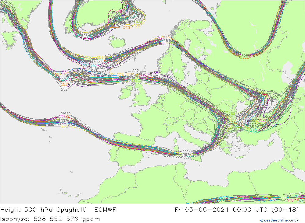 Height 500 гПа Spaghetti ECMWF пт 03.05.2024 00 UTC