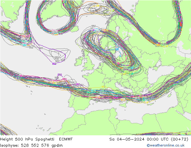 Height 500 гПа Spaghetti ECMWF сб 04.05.2024 00 UTC