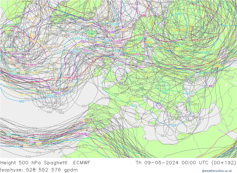 Height 500 hPa Spaghetti ECMWF Čt 09.05.2024 00 UTC