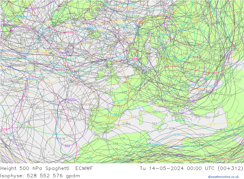Hoogte 500 hPa Spaghetti ECMWF di 14.05.2024 00 UTC