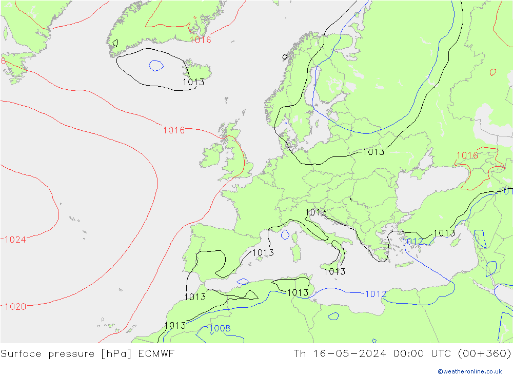 Pressione al suolo ECMWF gio 16.05.2024 00 UTC