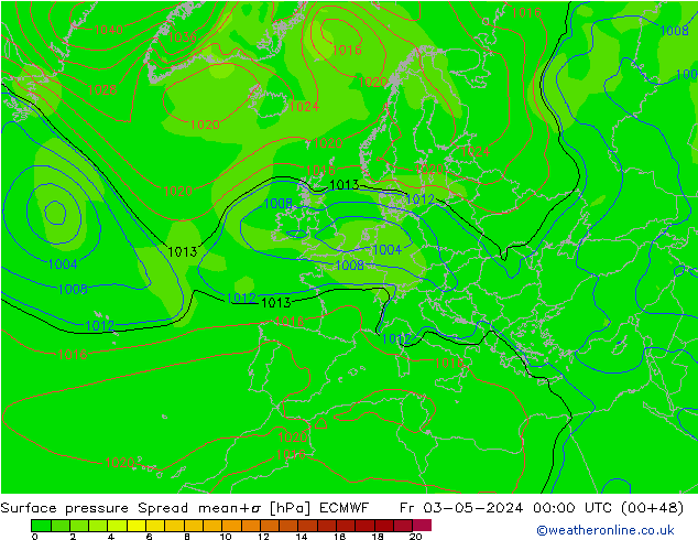 Pressione al suolo Spread ECMWF ven 03.05.2024 00 UTC