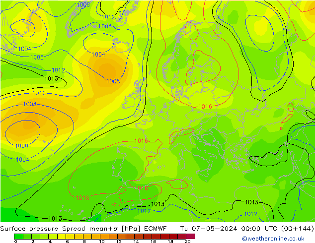 Pressione al suolo Spread ECMWF mar 07.05.2024 00 UTC