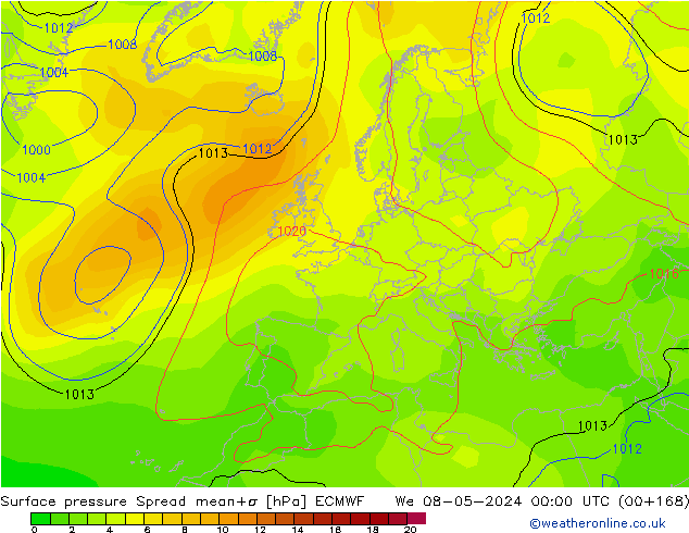 Surface pressure Spread ECMWF We 08.05.2024 00 UTC