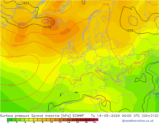 Surface pressure Spread ECMWF Tu 14.05.2024 00 UTC
