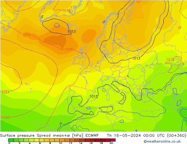Surface pressure Spread ECMWF Th 16.05.2024 00 UTC